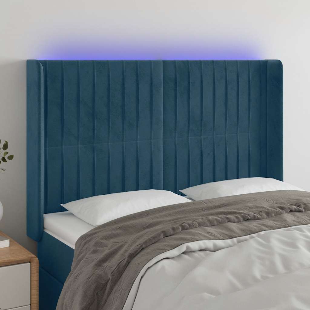 sengegavl med LED-lys 147x16x118/128 cm fløjl mørkeblå