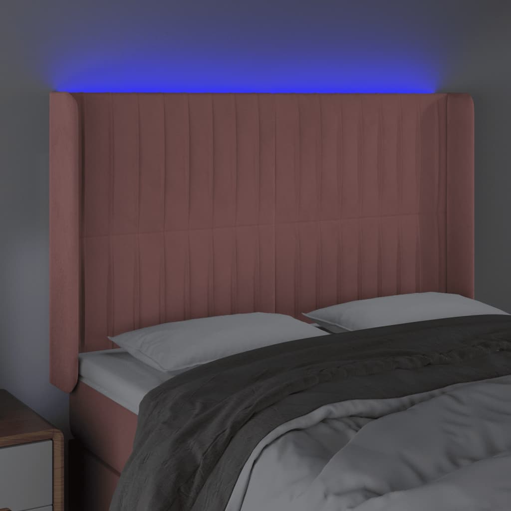 sengegavl med LED-lys 147x16x118/128 cm fløjl lyserød