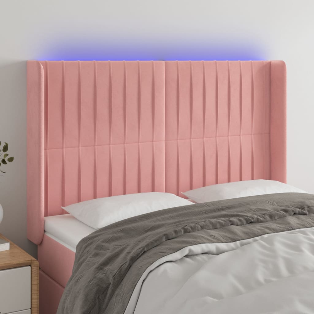 sengegavl med LED-lys 147x16x118/128 cm fløjl lyserød