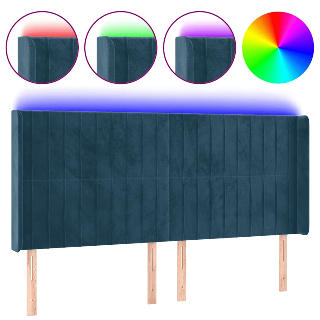 sengegavl med LED-lys 163x16x118/128 cm fløjl mørkeblå
