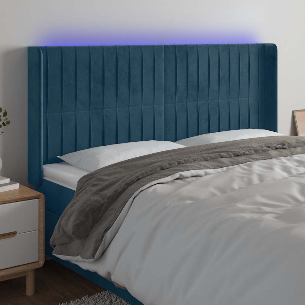 sengegavl med LED-lys 163x16x118/128 cm fløjl mørkeblå