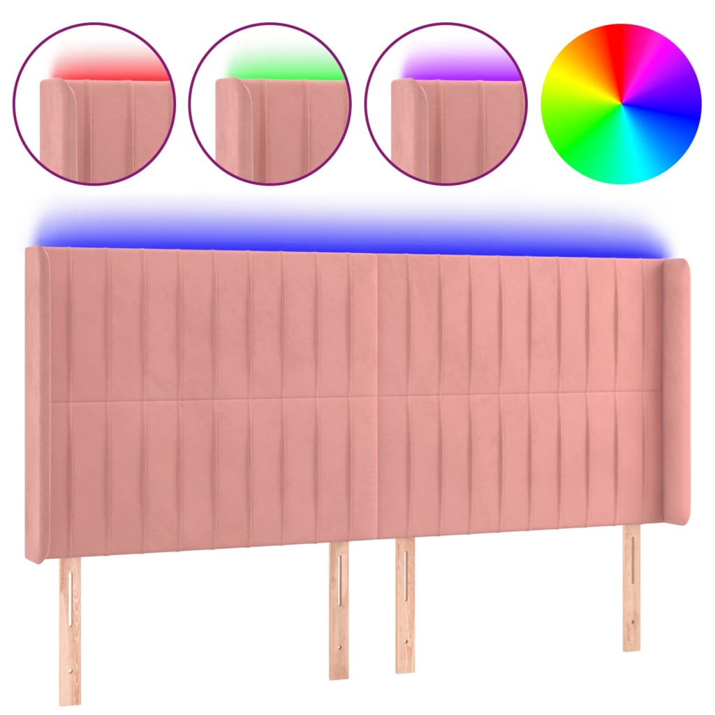 sengegavl med LED-lys 163x16x118/128 cm fløjl lyserød