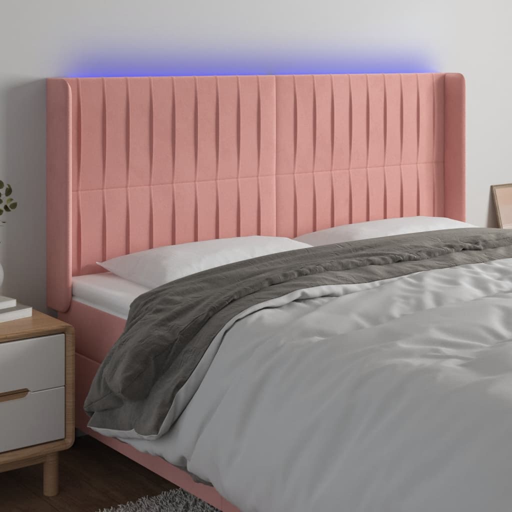sengegavl med LED-lys 183x16x118/128 cm fløjl lyserød