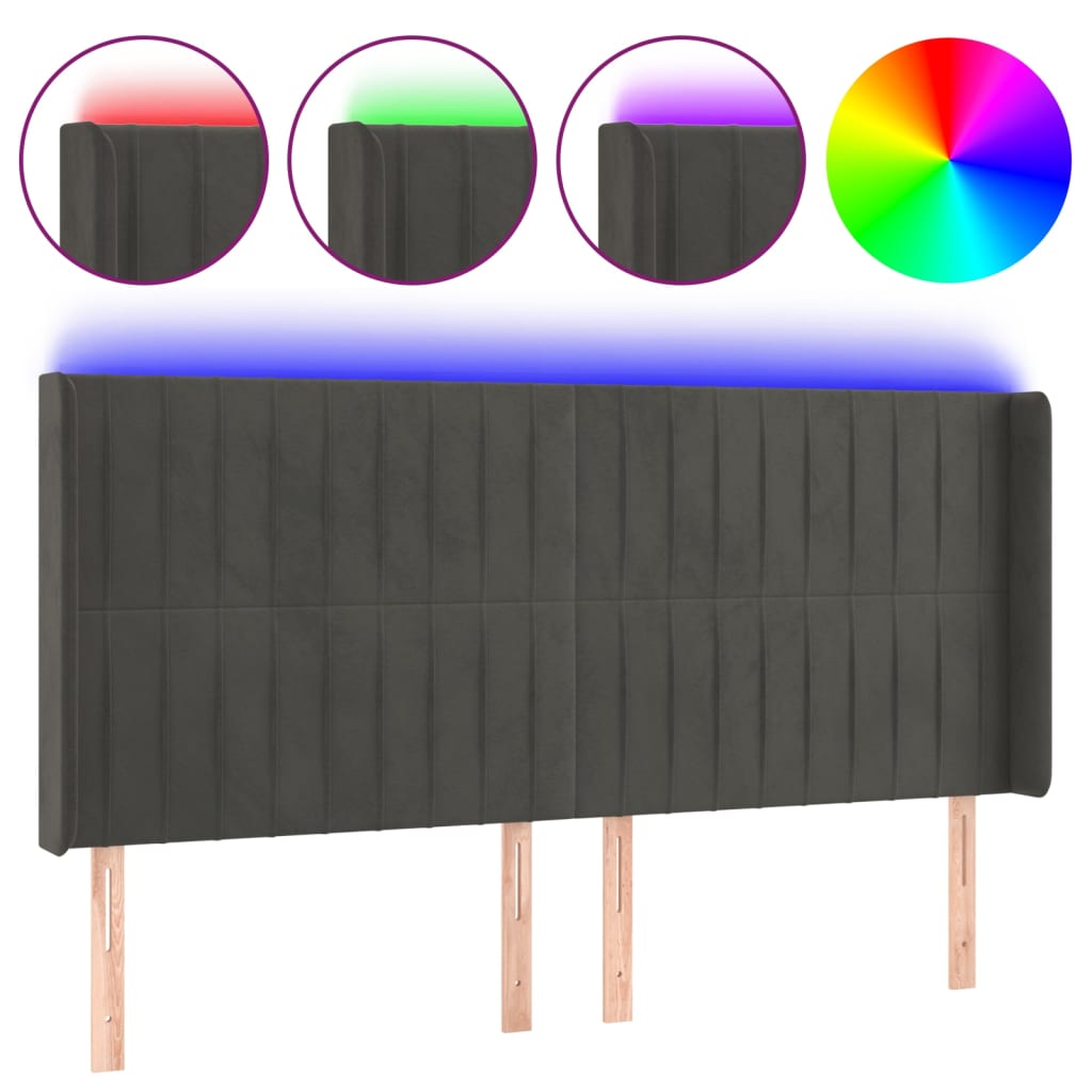 sengegavl med LED-lys 203x16x118/128 cm fløjl mørkegrå