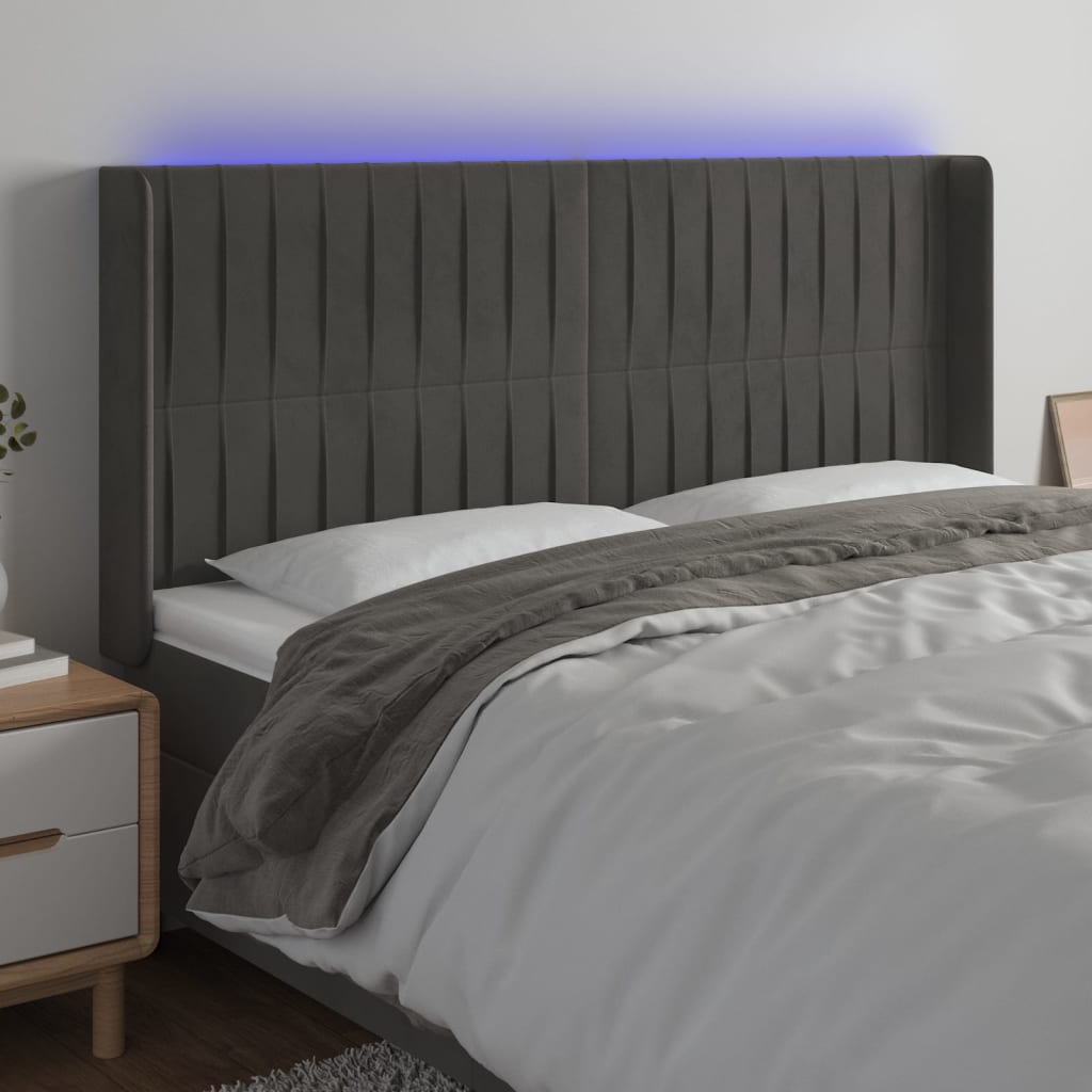 sengegavl med LED-lys 203x16x118/128 cm fløjl mørkegrå