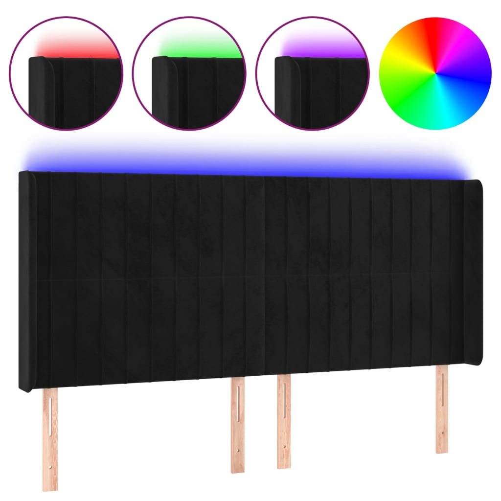 sengegavl med LED-lys 203x16x118/128 cm fløjl sort