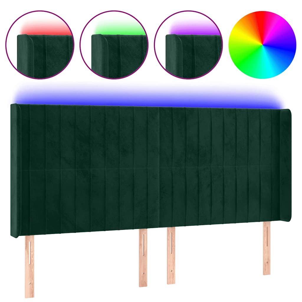 sengegavl med LED-lys 203x16x118/128 cm fløjl mørkegrøn