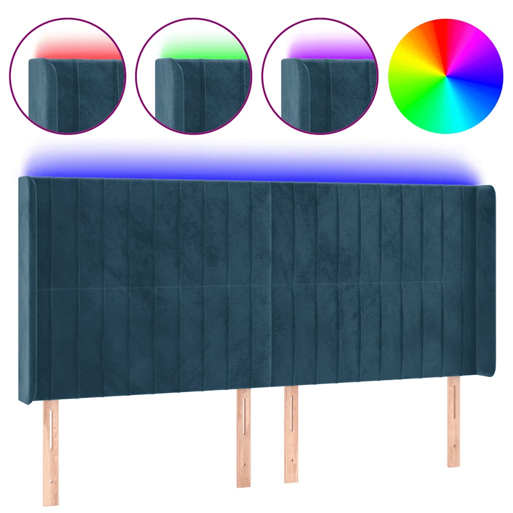sengegavl med LED-lys 203x16x118/128 cm fløjl mørkeblå