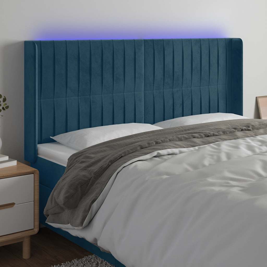 sengegavl med LED-lys 203x16x118/128 cm fløjl mørkeblå