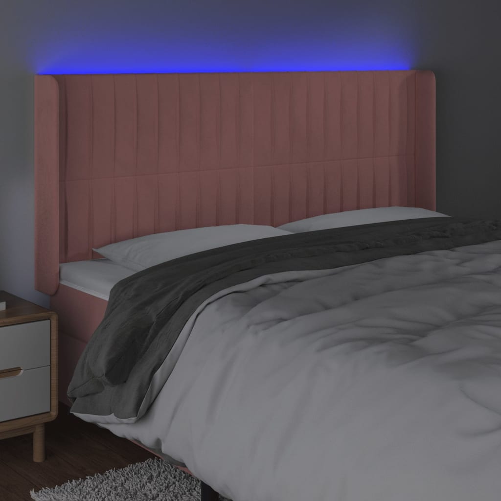 sengegavl med LED-lys 203x16x118/128 cm fløjl lyserød