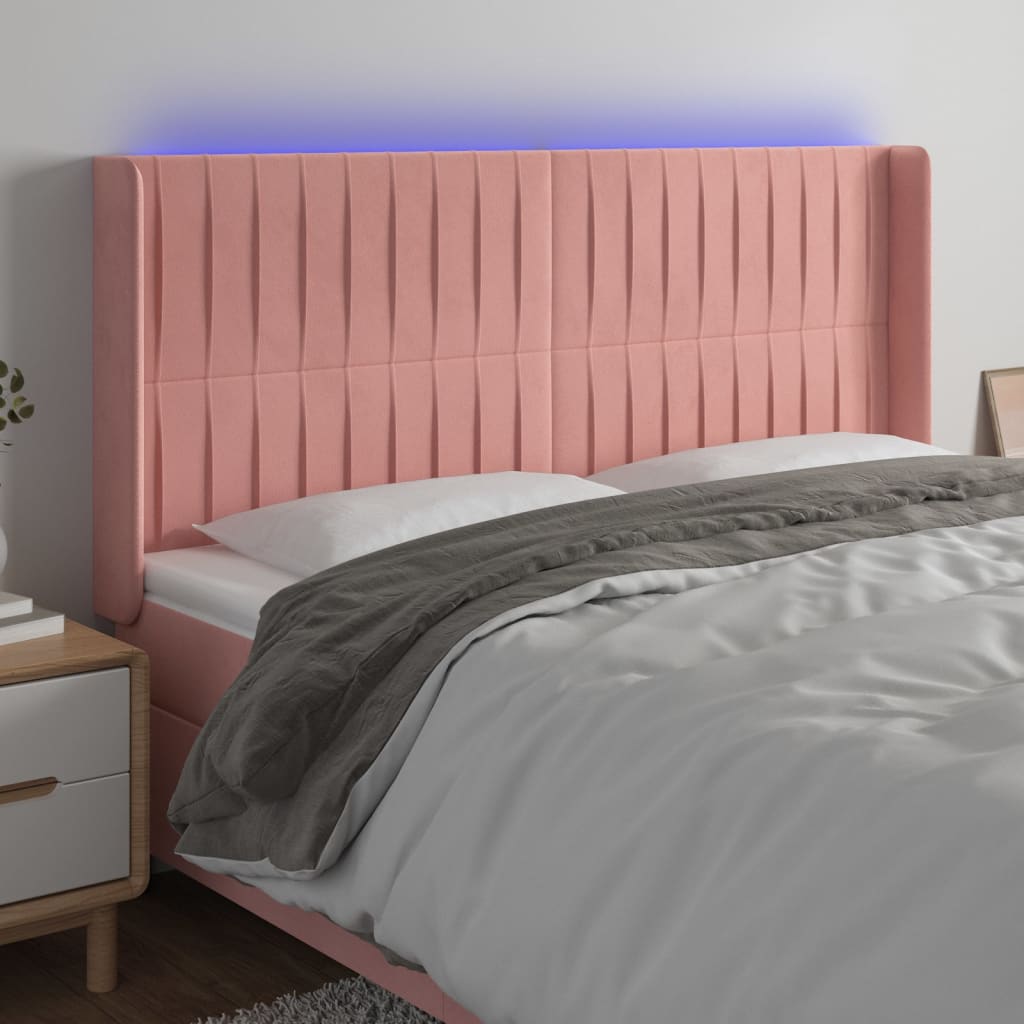 sengegavl med LED-lys 203x16x118/128 cm fløjl lyserød