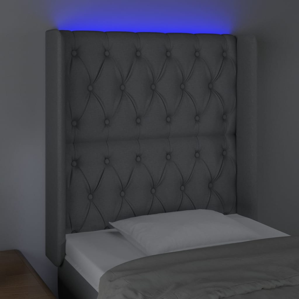 sengegavl med LED-lys 83x16x118/128 cm stof lysegrå