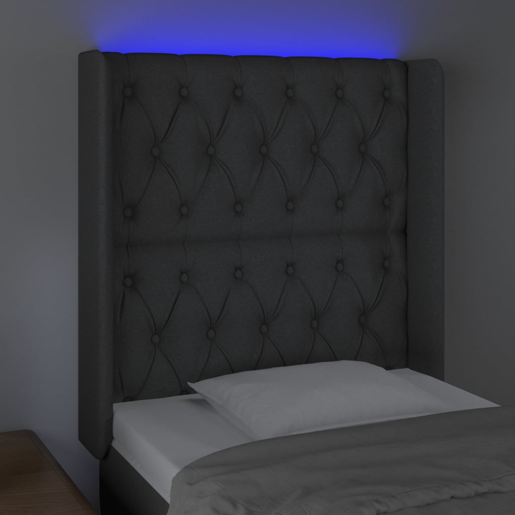 sengegavl med LED-lys 83x16x118/128 cm stof mørkegrå