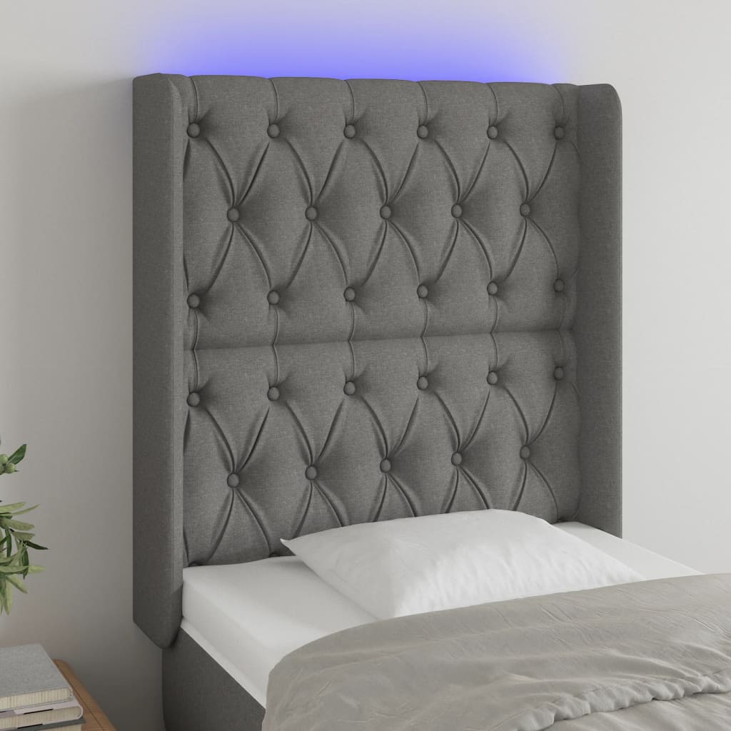 sengegavl med LED-lys 83x16x118/128 cm stof mørkegrå