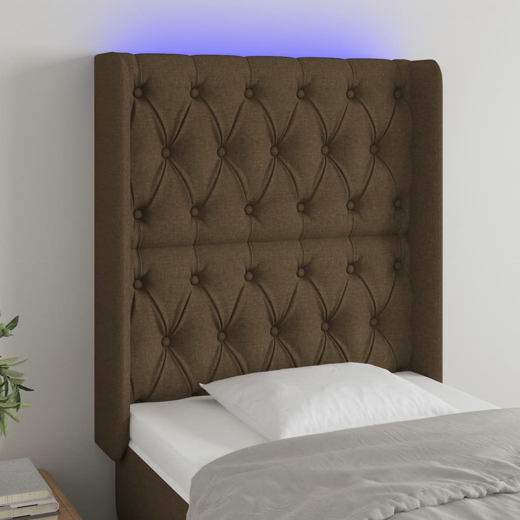 sengegavl med LED-lys 83x16x118/128 cm stof mørkebrun