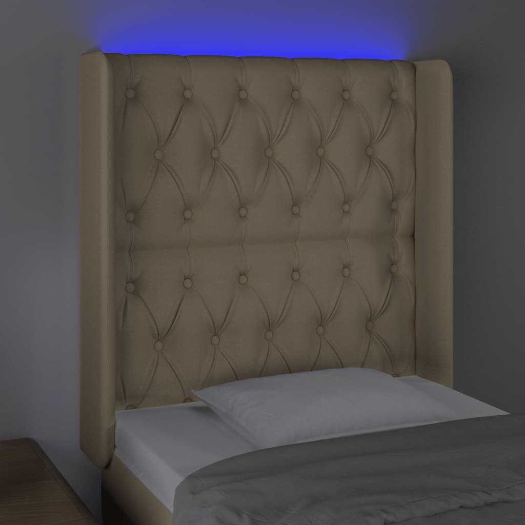 sengegavl med LED-lys 83x16x118/128 cm stof cremefarvet