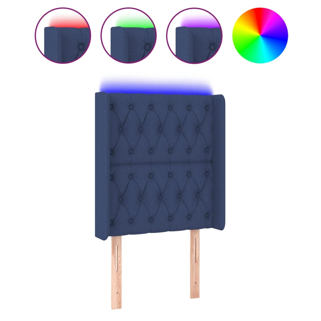 sengegavl med LED-lys 83x16x118/128 cm stof blå