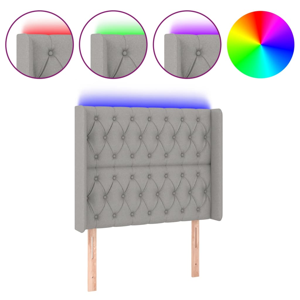 sengegavl med LED-lys 93x16x118/128 cm stof lysegrå