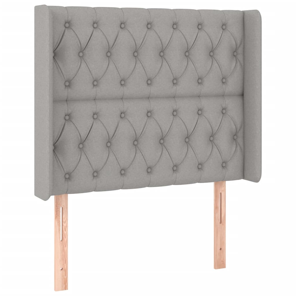 sengegavl med LED-lys 93x16x118/128 cm stof lysegrå