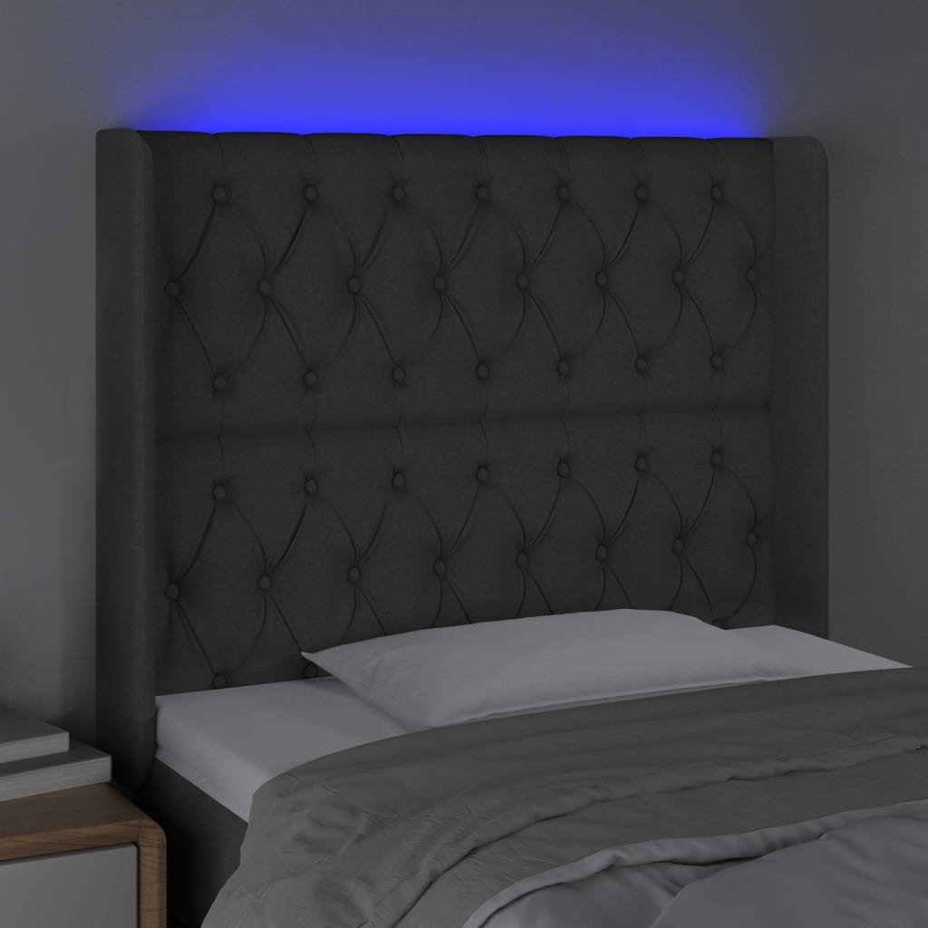 sengegavl med LED-lys 93x16x118/128 cm stof mørkegrå