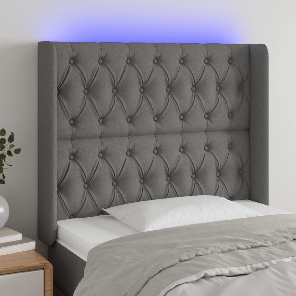 sengegavl med LED-lys 93x16x118/128 cm stof mørkegrå