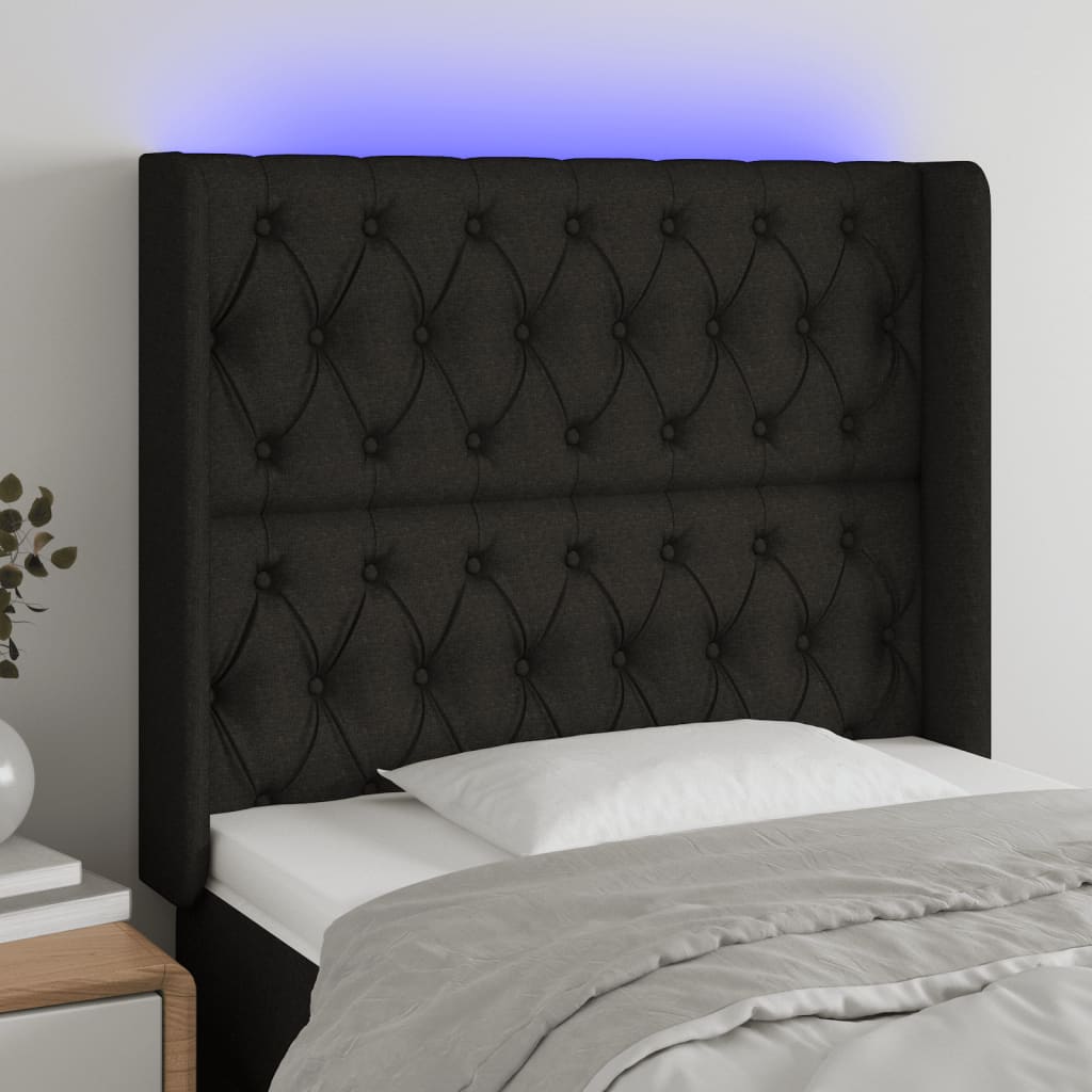 sengegavl med LED-lys 93x16x118/128 cm stof sort