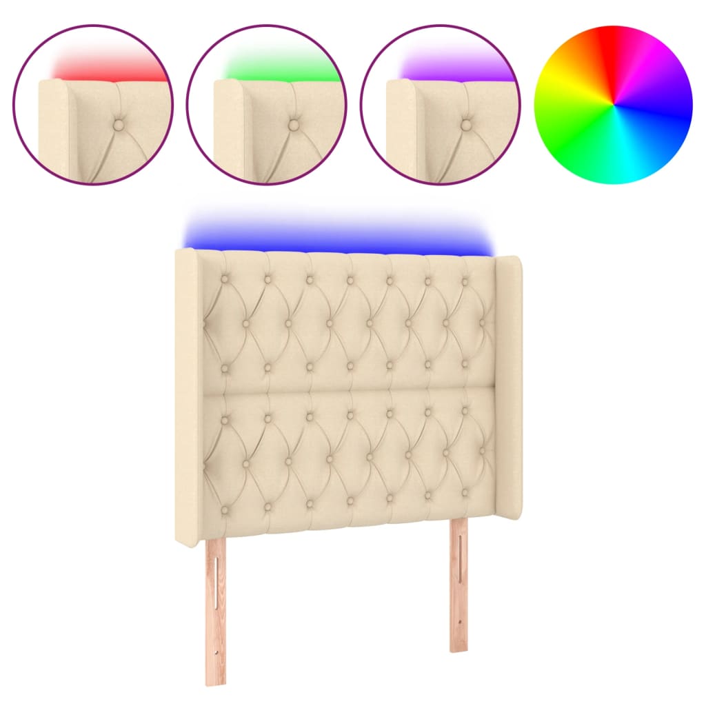 sengegavl med LED-lys 93x16x118/128 cm stof cremefarvet