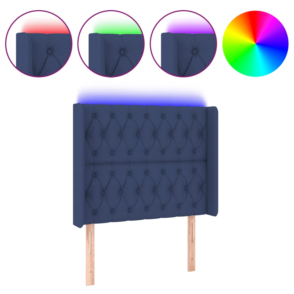 sengegavl med LED-lys 93x16x118/128 cm stof blå