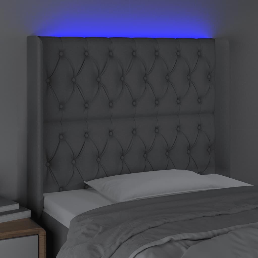 sengegavl med LED-lys 103x16x118/128 cm stof lysegrå