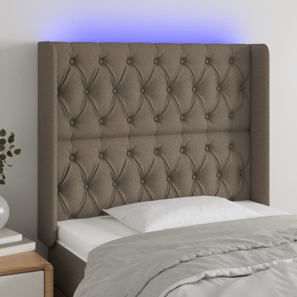 sengegavl med LED-lys 103x16x118/128 cm stof gråbrun