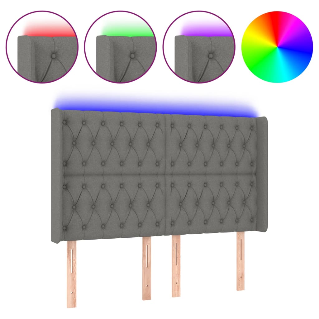 sengegavl med LED-lys 147x16x118/128 cm stof mørkegrå