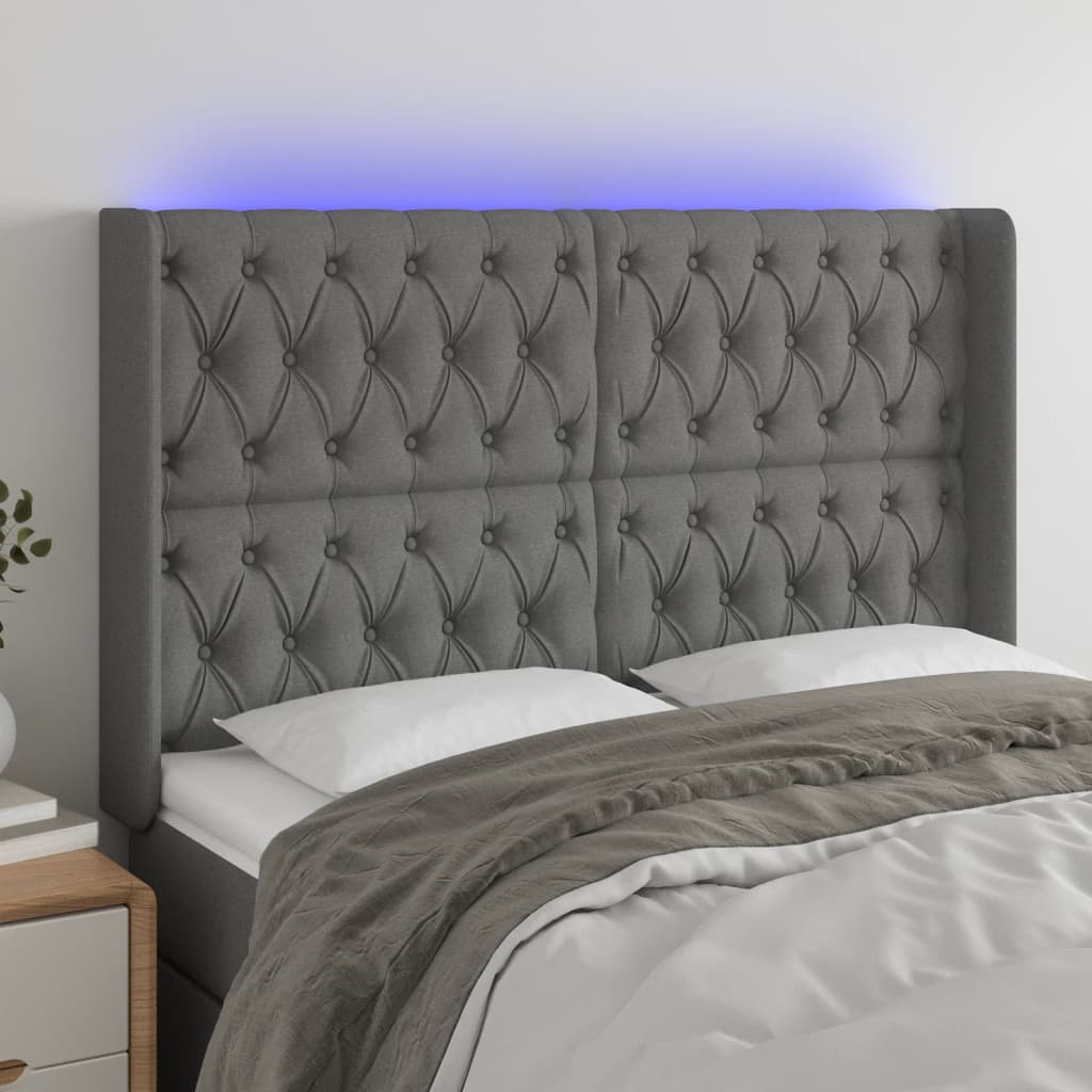 sengegavl med LED-lys 147x16x118/128 cm stof mørkegrå