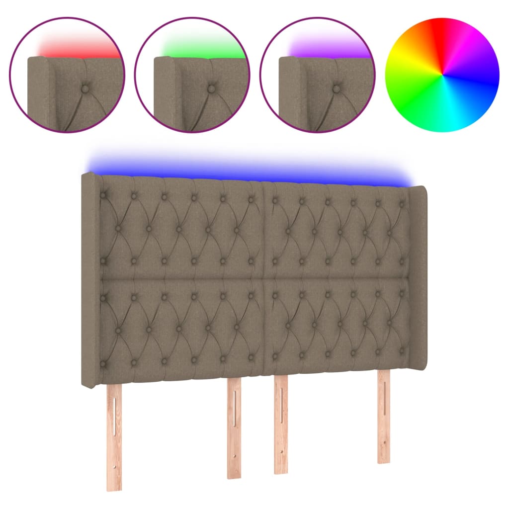 sengegavl med LED-lys 147x16x118/128 cm stof gråbrun