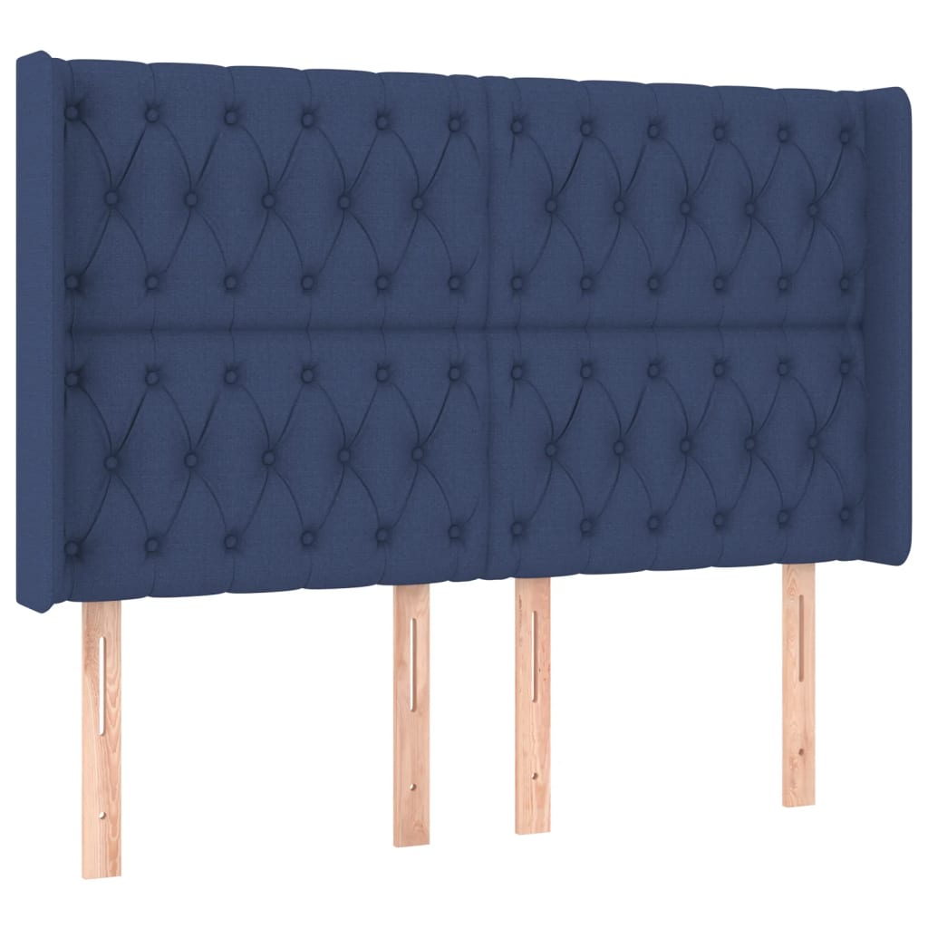 sengegavl med LED-lys 147x16x118/128 cm stof blå