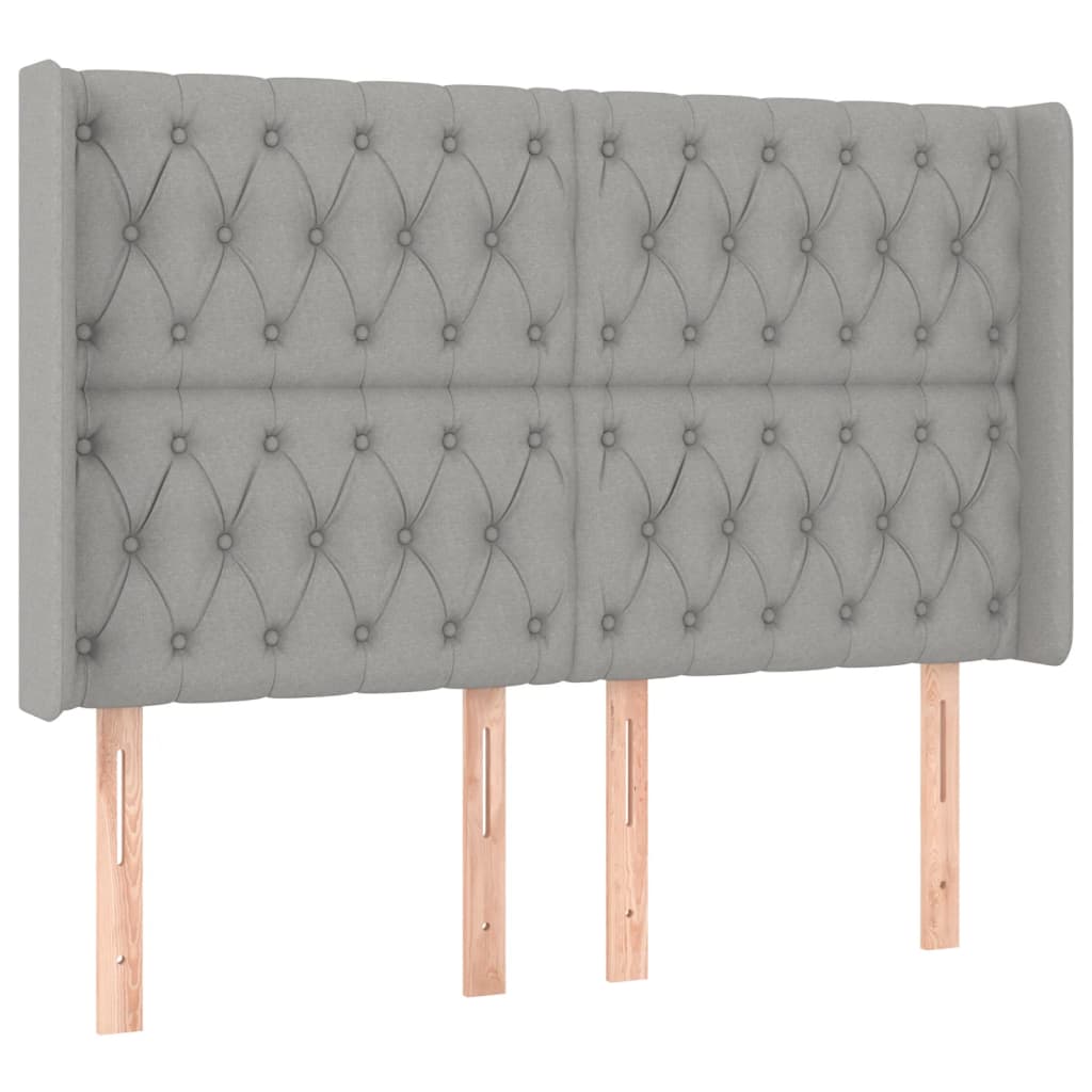 sengegavl med LED-lys 163x16x118/128 cm stof lysegrå
