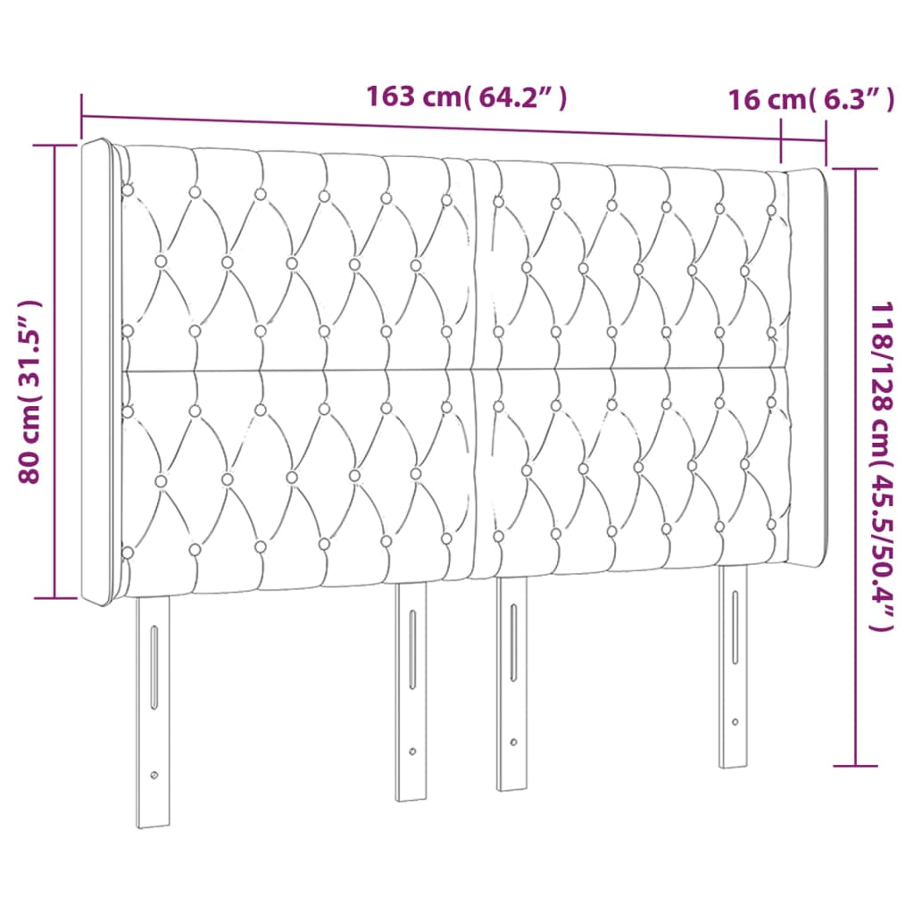 sengegavl med LED-lys 163x16x118/128 cm stof lysegrå