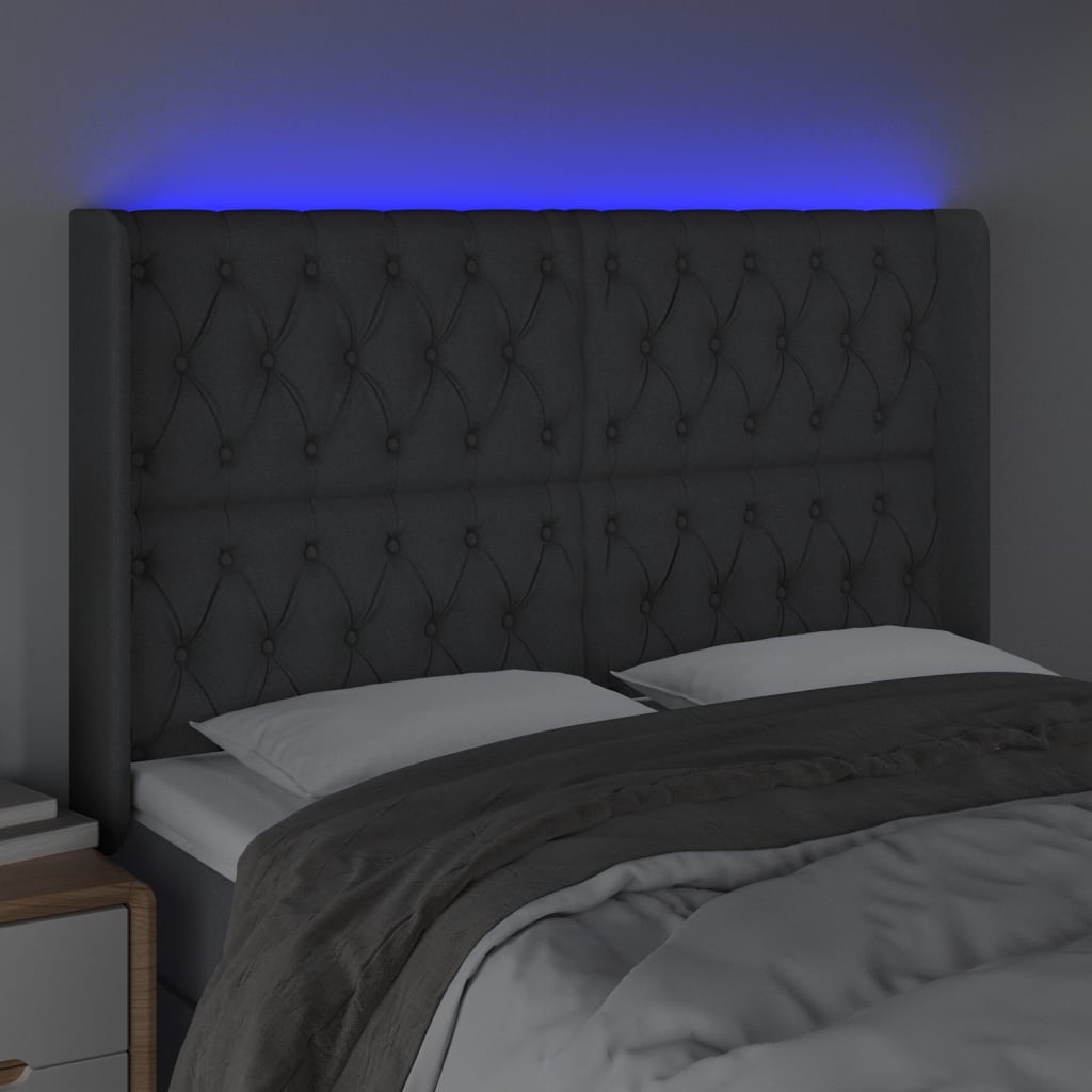 sengegavl med LED-lys 163x16x118/128 cm stof mørkegrå
