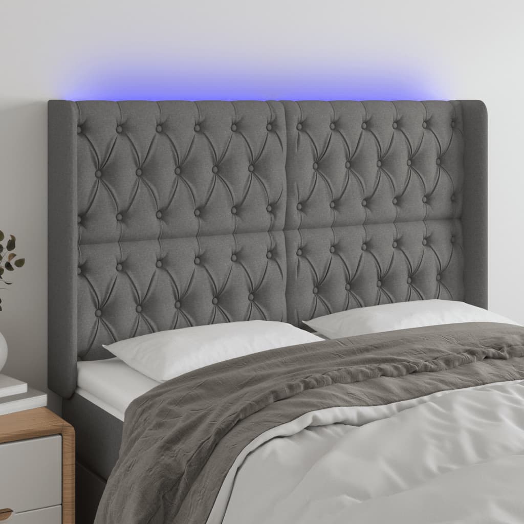sengegavl med LED-lys 163x16x118/128 cm stof mørkegrå