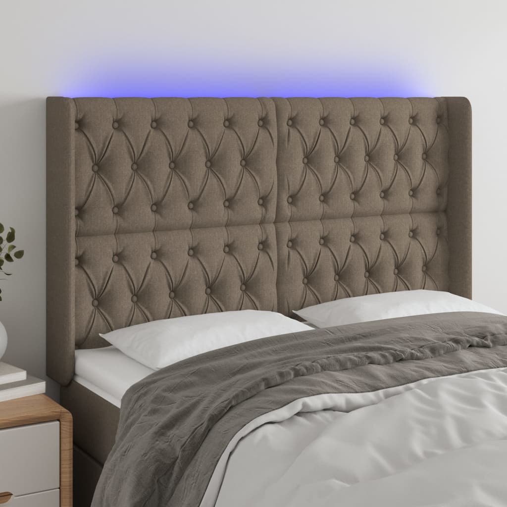 sengegavl med LED-lys 163x16x118/128 cm stof gråbrun