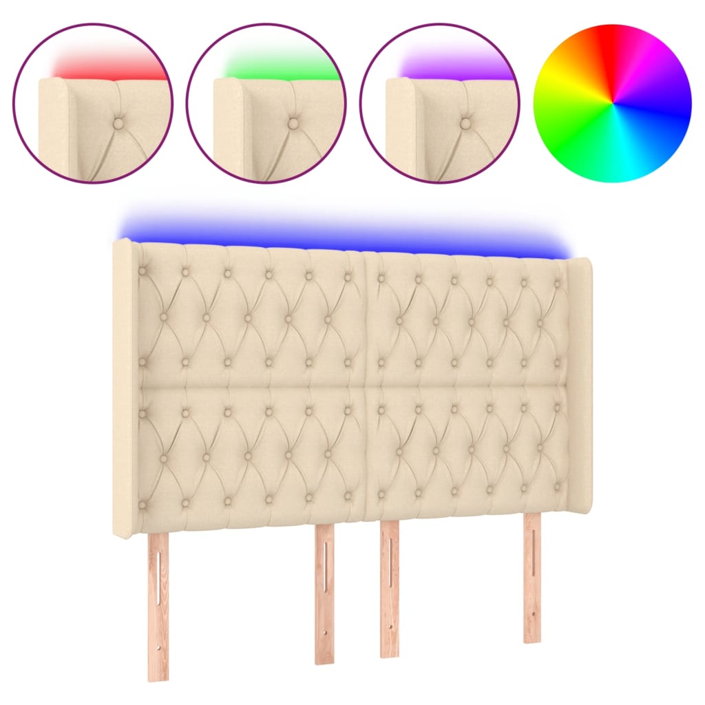 sengegavl med LED-lys 163x16x118/128 cm stof cremefarvet