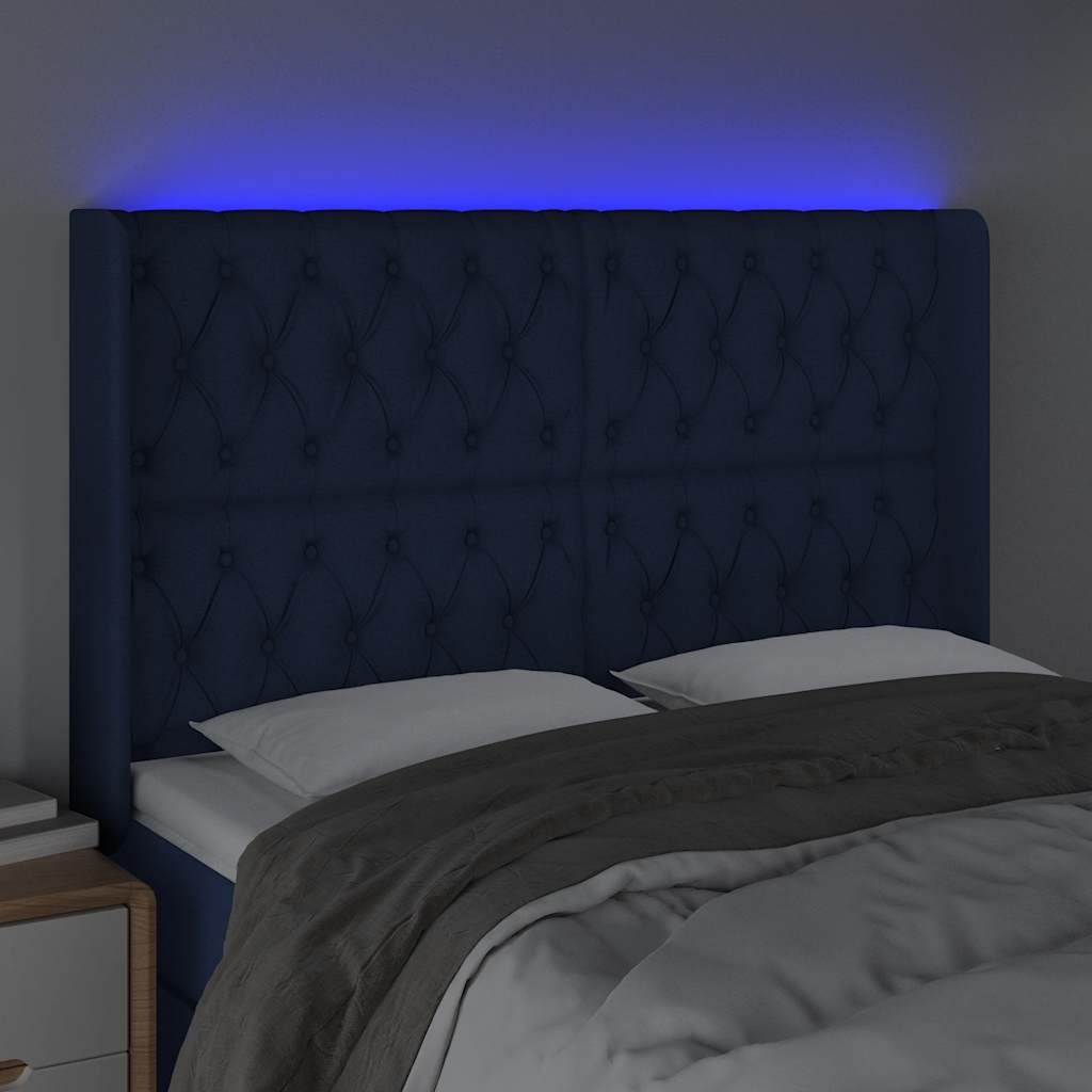 sengegavl med LED-lys 163x16x118/128 cm stof blå
