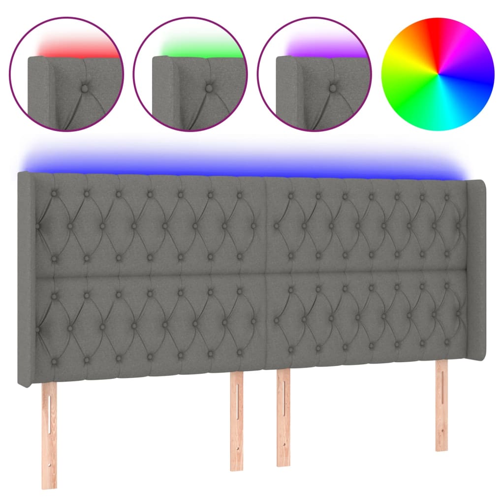 sengegavl med LED-lys 183x16x118/128 cm stof mørkegrå
