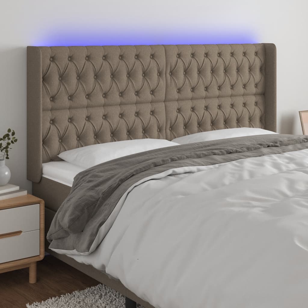 sengegavl med LED-lys 183x16x118/128 cm stof gråbrun