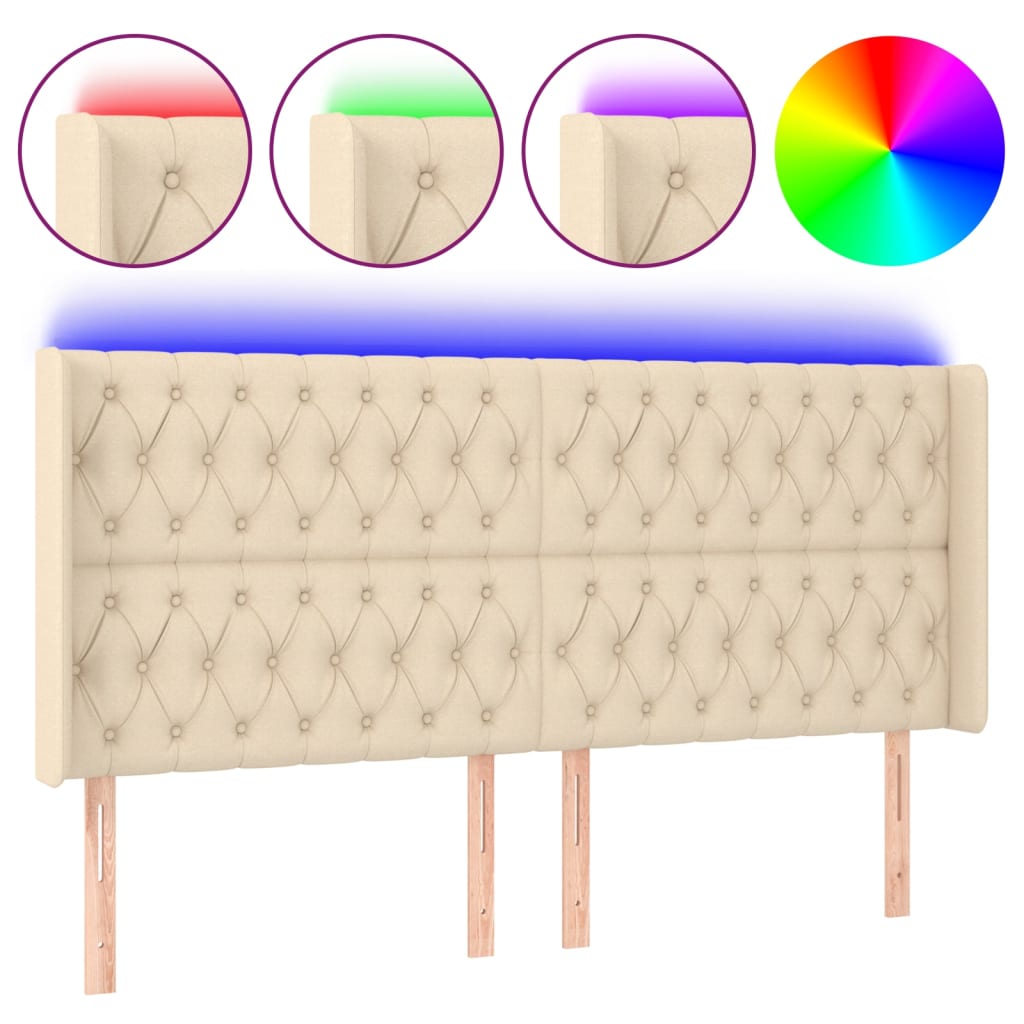 sengegavl med LED-lys 183x16x118/128 cm stof cremefarvet