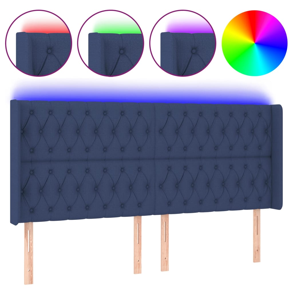 sengegavl med LED-lys 183x16x118/128 cm stof blå
