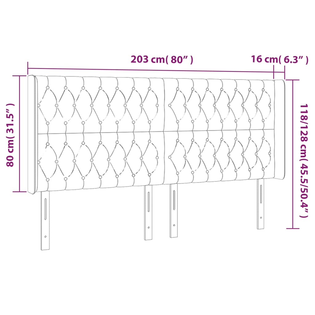 sengegavl med LED-lys 203x16x118/128 cm stof lysegrå