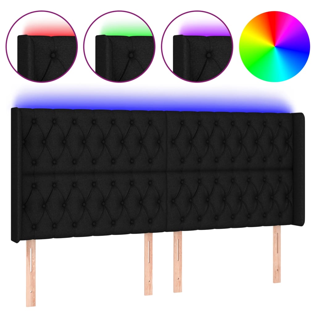 sengegavl med LED-lys 203x16x118/128 cm stof sort