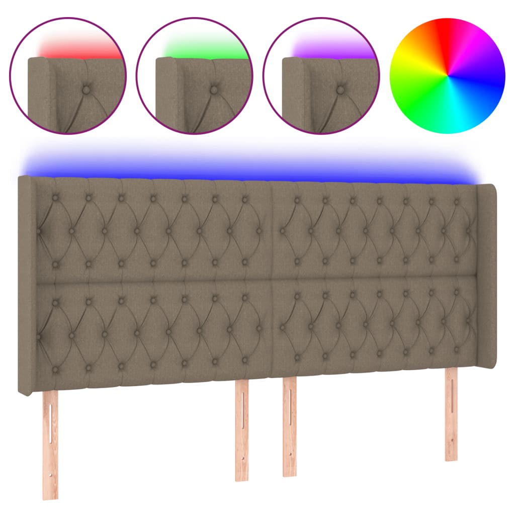sengegavl med LED-lys 203x16x118/128 cm stof gråbrun
