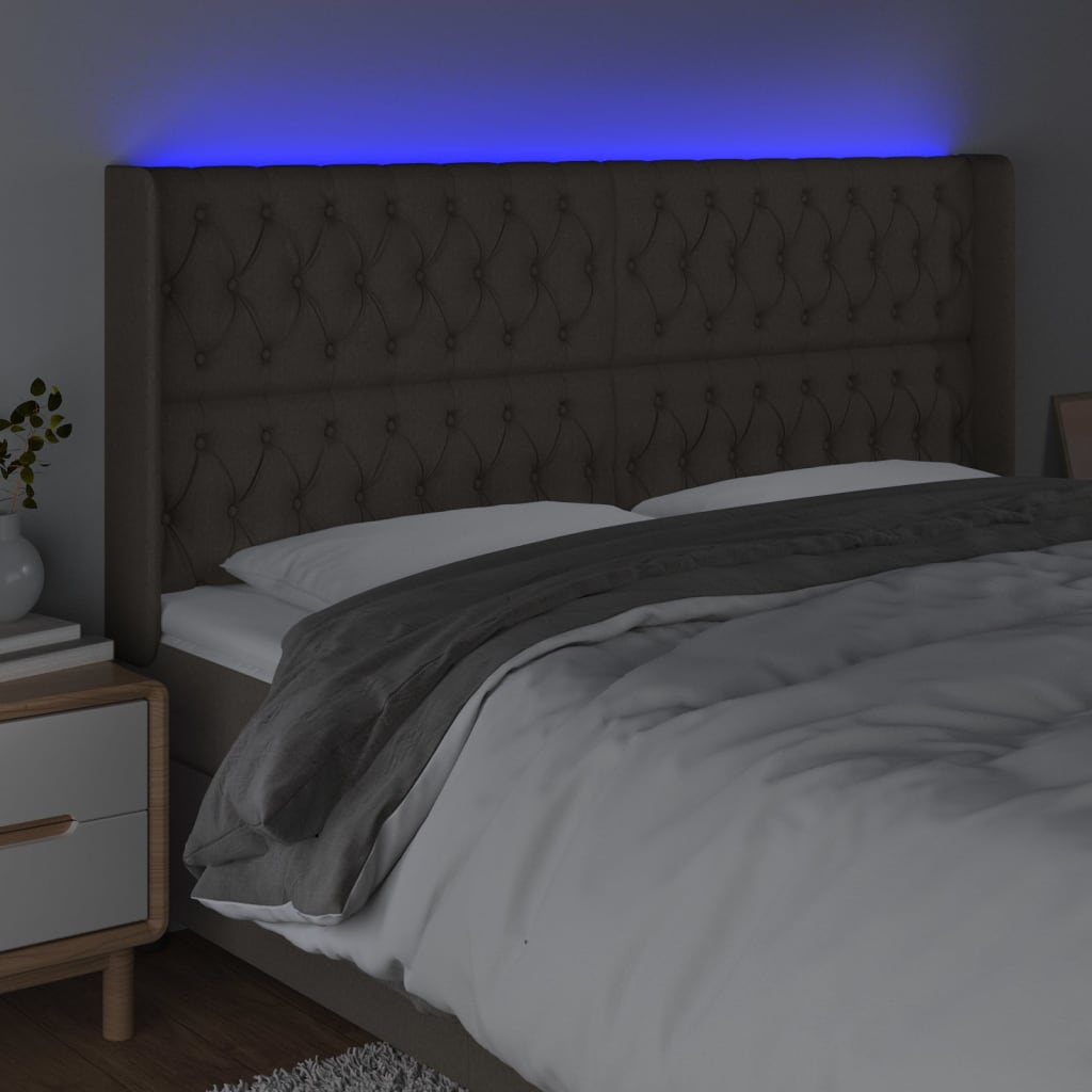 sengegavl med LED-lys 203x16x118/128 cm stof gråbrun