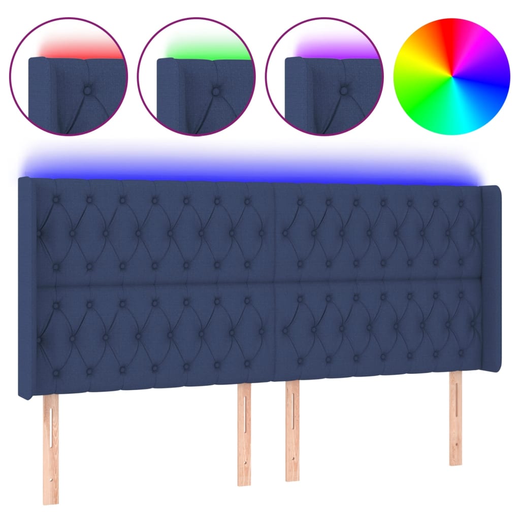sengegavl med LED-lys 203x16x118/128 cm stof blå